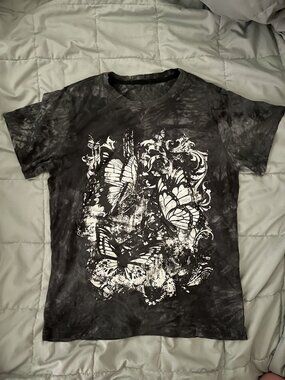 Grunge graphic Tie-Dye Tee with White Butterflies and Flourishes
